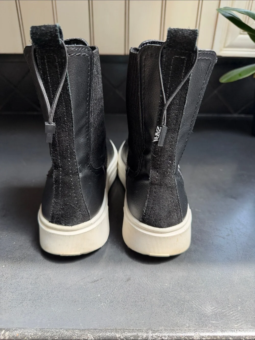 Zara Women's Black Leather Chelsea Sneaker Boots - White Sole